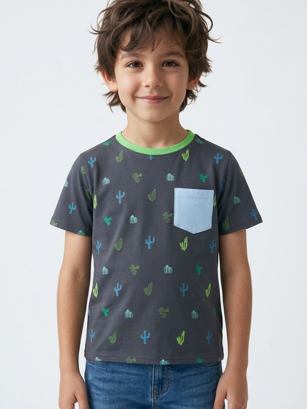 Andy & Evan Charcoal Tee with Blue Pocket and Green Trim